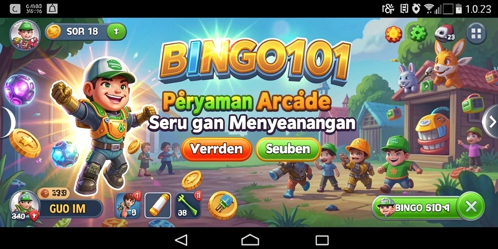 Screenshot gameplay BINGO101 yang menampilkan serunya permainan Arcade.