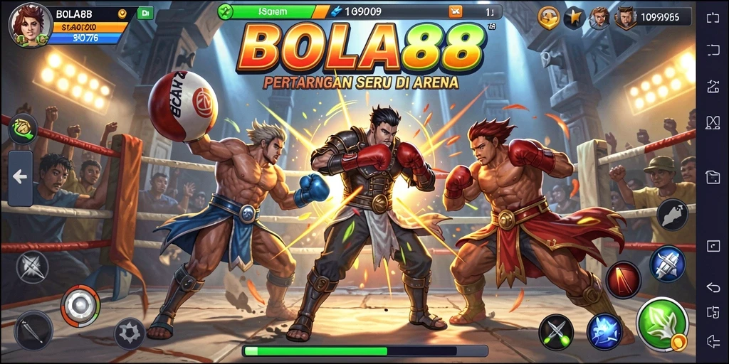 Gameplay BOLA88 yang penuh aksi dengan karakter bertarung di arena.