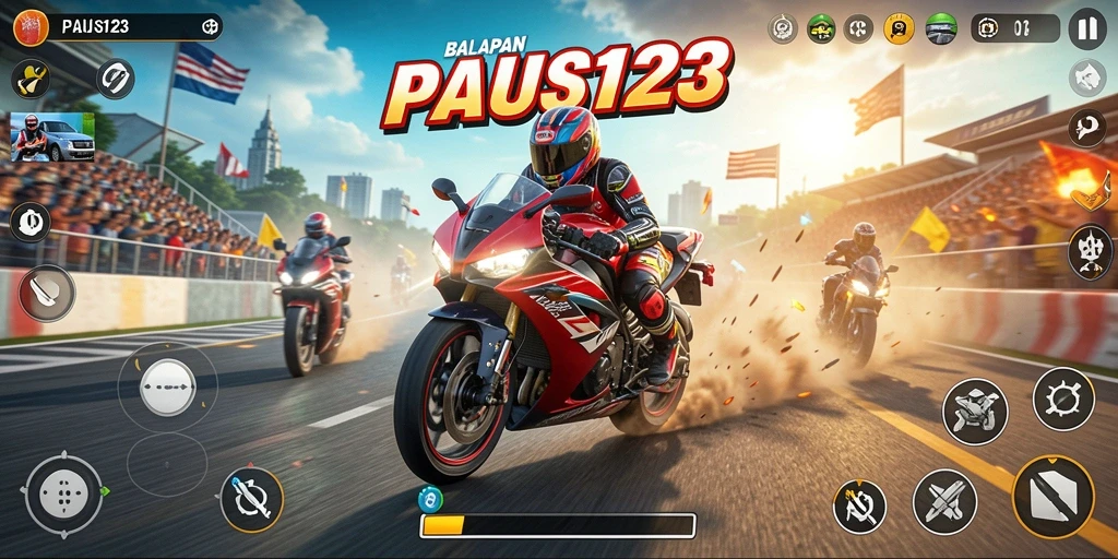 Gameplay menegangkan PAUS123 dengan aksi balapan motor yang cepat.
